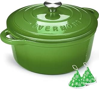 Overmont Enameled Cast Iron Dutch Oven - 7QT Pot with Lid Cookbook & Cotton Potholders - Heavy-Duty Cookware for Braising, Stews, Roasting, Bread Baking green