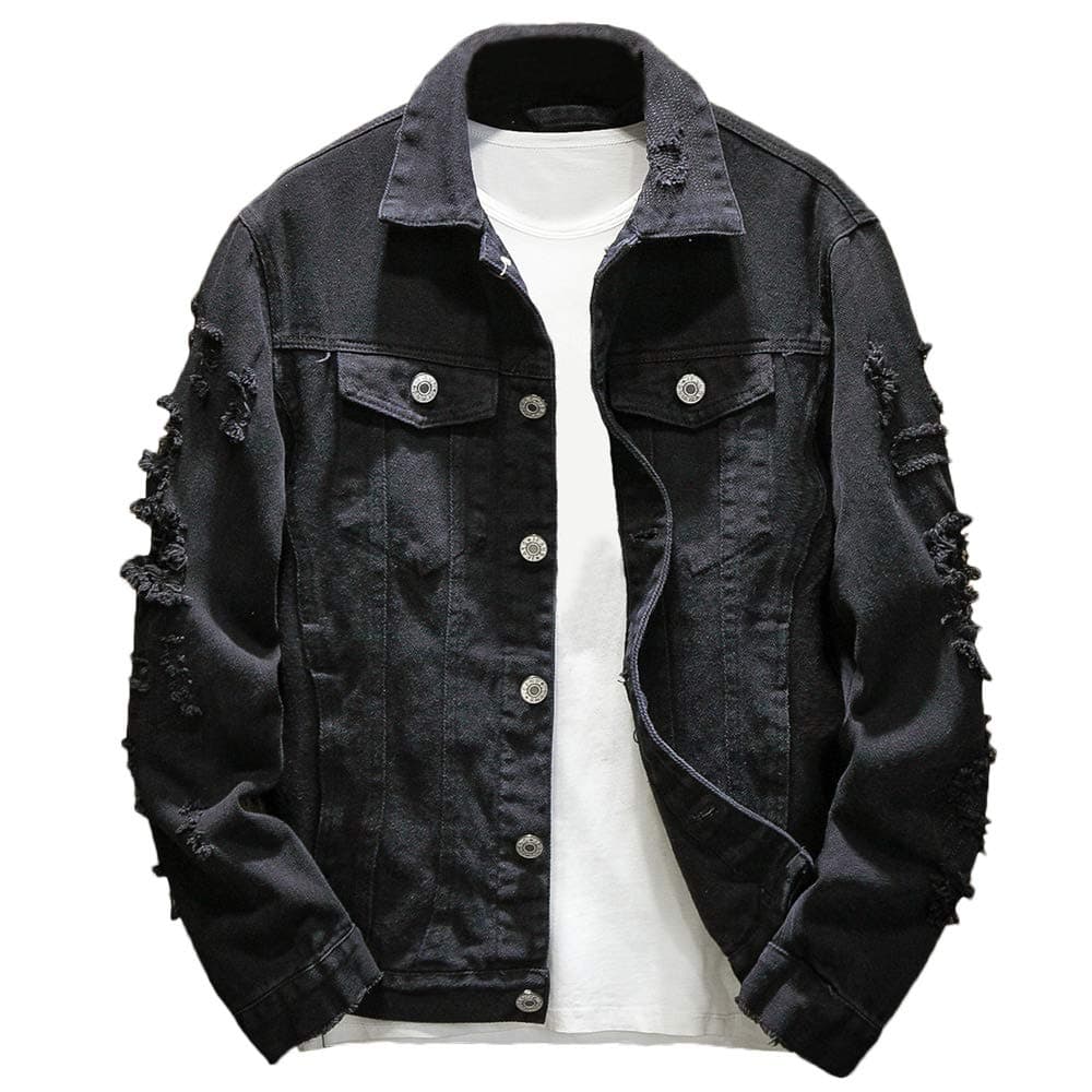 Rexcyril Men's Distressed Denim Jacket Casual Ripped Holes Button Down Trucker Jacket Jean Coat