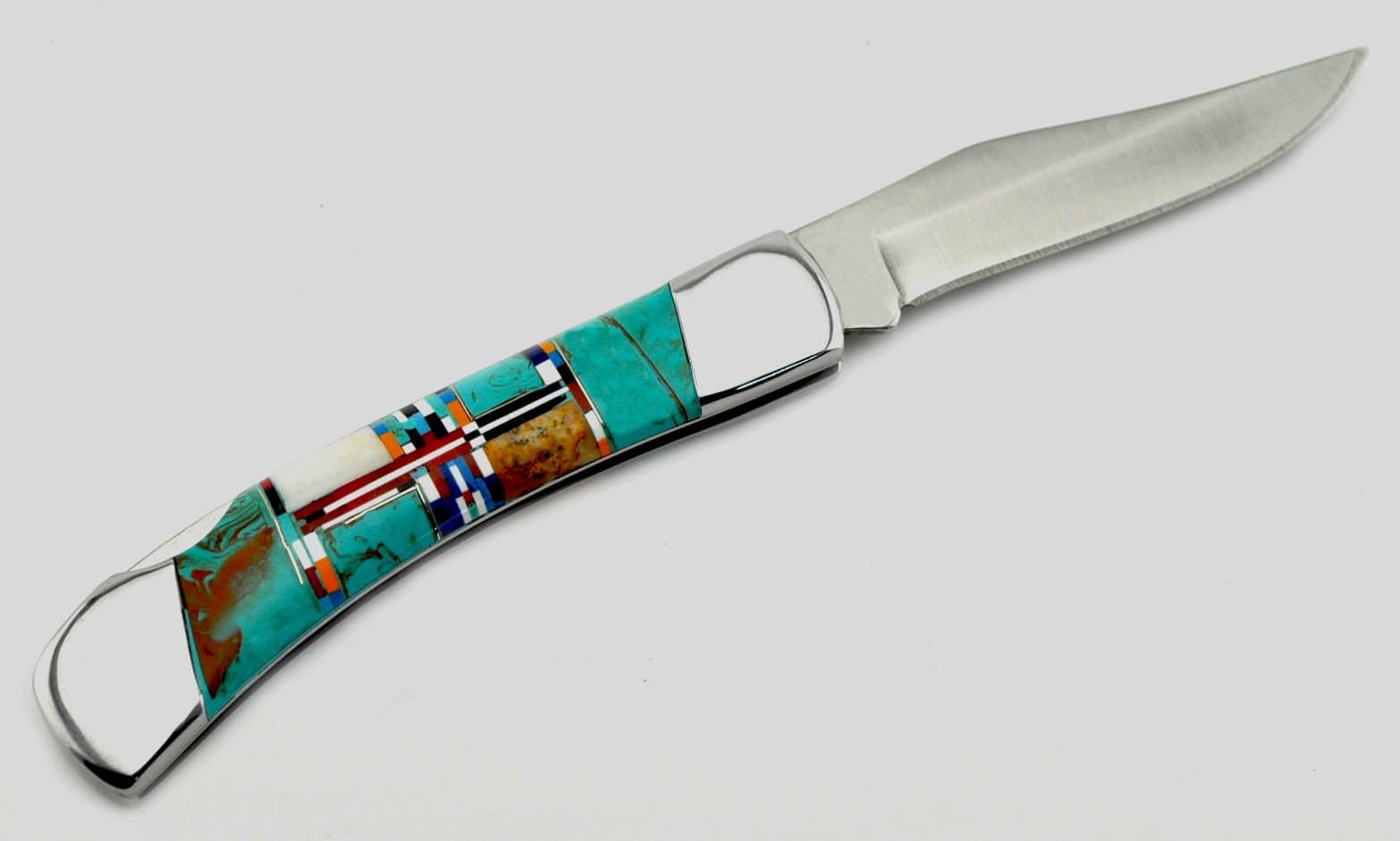Custom Made Turquoise/Coral Inlay Folding 6 1/2 Inch Lock Back Pocket Knife