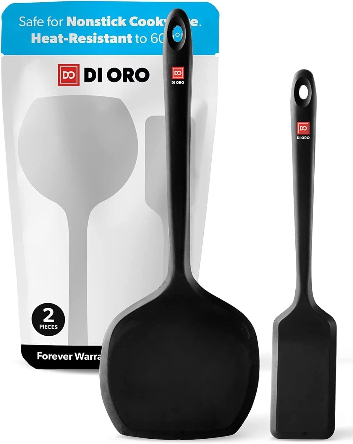New DI ORO Seamless Series Forma 2-Piece Silicone Turner Spatula Set - 600°F Heat-Resistant Flexible Kitchen Spatulas for Nonstick Cookware - Flippers for Eggs - Pancake & Compact Spatulas (Black)