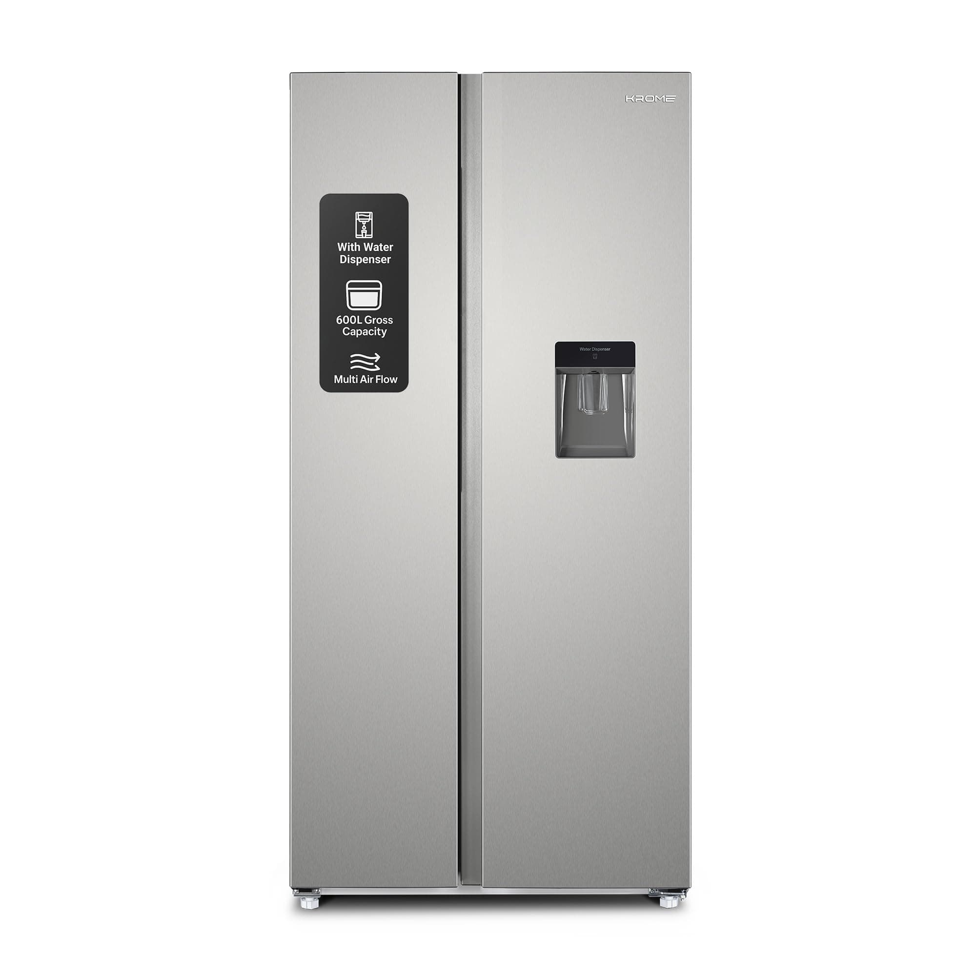 600Liters Gross,Side by Side Refrigerator with Water Dispenser,Multi Air Flow,Door Alarm,Recessed Handle,No Frost,Electronic Touch Temperature Control,INOX,10Year Compressor Warranty KR-SBS600WM