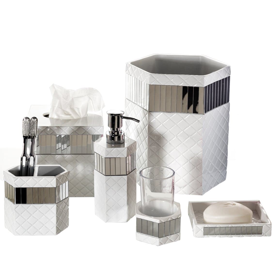 Creative Scents White Bathroom Accessories Set - Decorative 6 Piece Bathroom Set Includes: Trash Can, Tissue Box Cover, Soap Dispenser, Toothbrush Holder, Tumbler & Soap Dish (Quilted Mirror)