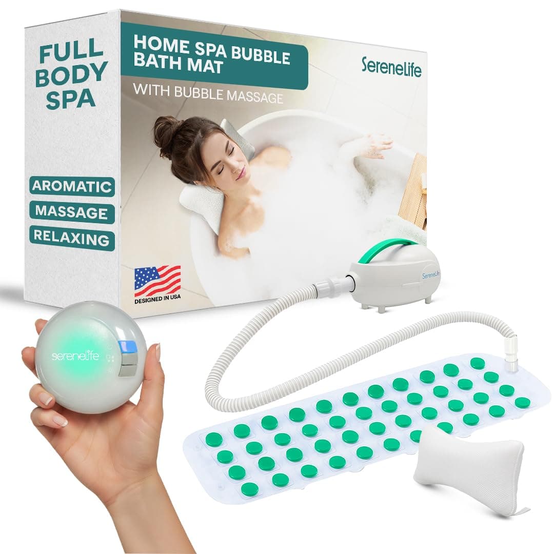 SereneLife Bubble Bath Mat – Portable Spa with Adjustable Intensity, Waterproof LED Light, Pillow & Remote Control for Ultimate Relaxation (Teal)
