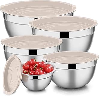 E-far Stainless Steel Mixing Bowls with Lids, 5-Pack Metal Nesting Bowls with Airtight Covers for Cooking, Baking, Serving, Storage, Non-toxic & Dishwasher Safe, Size 4.6/3/1.5/1/0.7QT - Khaki