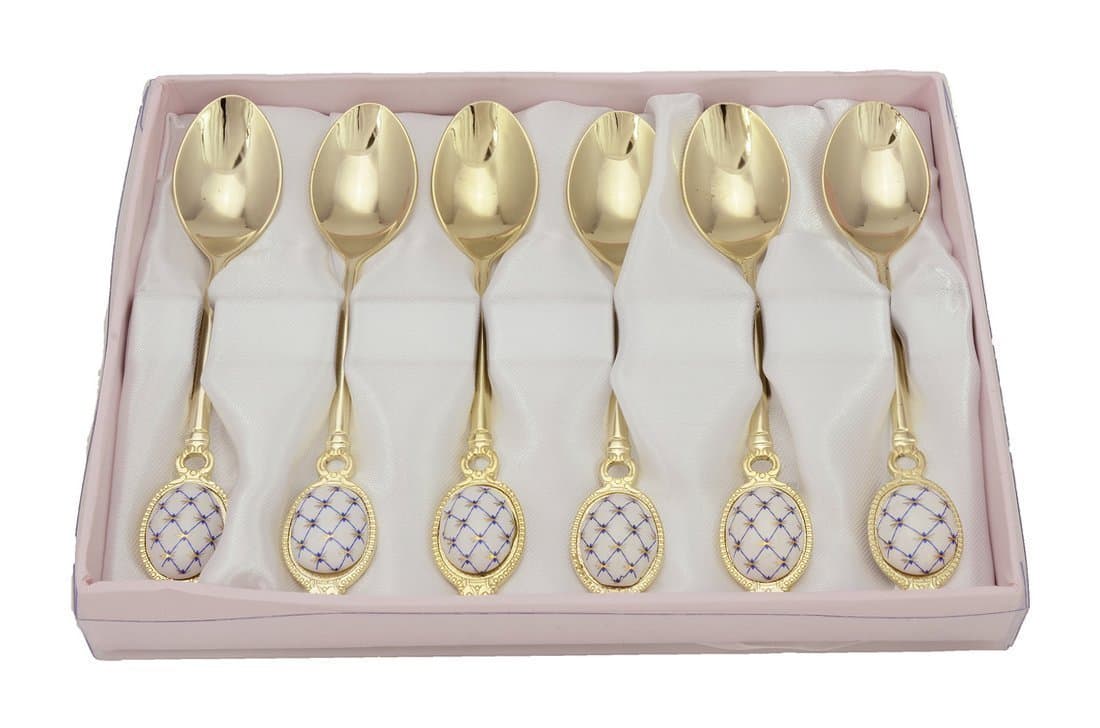 6pc Gold-Plated Cobalt Net Spoon Set, Lomonosov Dessert Silverware Vintage Set