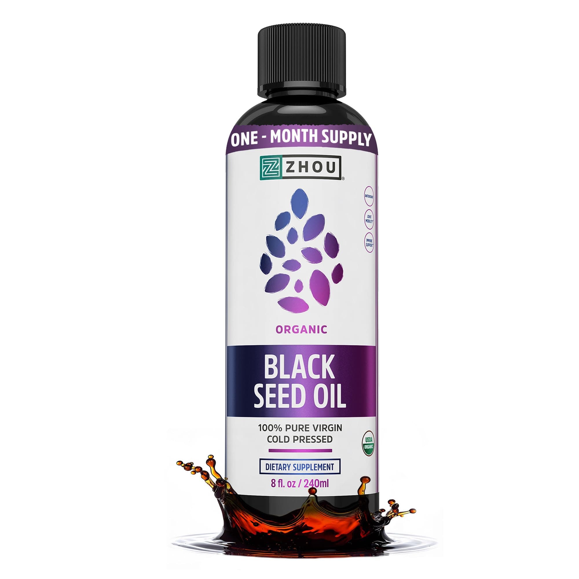 Zhou Organic Black Seed Oil | 100% Virgin Cold Pressed Omega 3 6 9 | Super Antioxidant for Immune Support, Joints, Digestion, Hair & Skin | Vegan, Gluten-Free, Non-GMO | 8oz