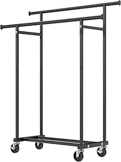 Double Rods Clothes Rack, Rolling Clothing Rack for Hanging Clothes Portable Wardrobe, Metal Garment Rack Sturdy Coat Rack for Bedroom Laundry Living Room, Black1