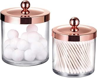 SheeChung 2 Pack Premium Plastic Apothecary Jars - Qtip Holder Bathroom Vanity Kitchen Countertop Storage Organizer Canisters for Cotton Balls, Cotton Swabs, Candy, Makeup Sponges(rose gold)