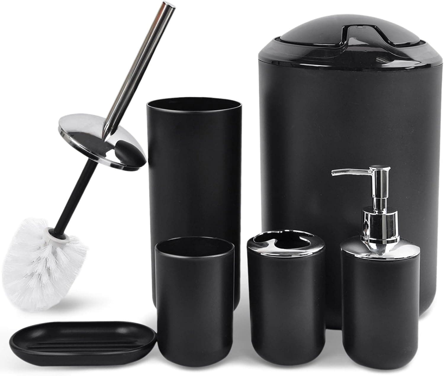 CERBIOR Bathroom Accessories Set 6 Piece Bath Ensemble Includes Soap Dispenser, Toothbrush Holder, Toothbrush Cup, Soap Dish for Decorative Countertop and Housewarming Gift, Black, Large