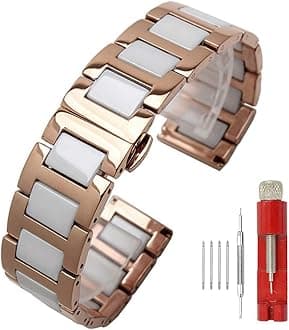 White Ceramic Watch Strap Bracelet Classy Watch Band Rose Gold Stainless Steel Bracelet Butterfly Clasp Push Button 18mm Watch Replacement for Men Women