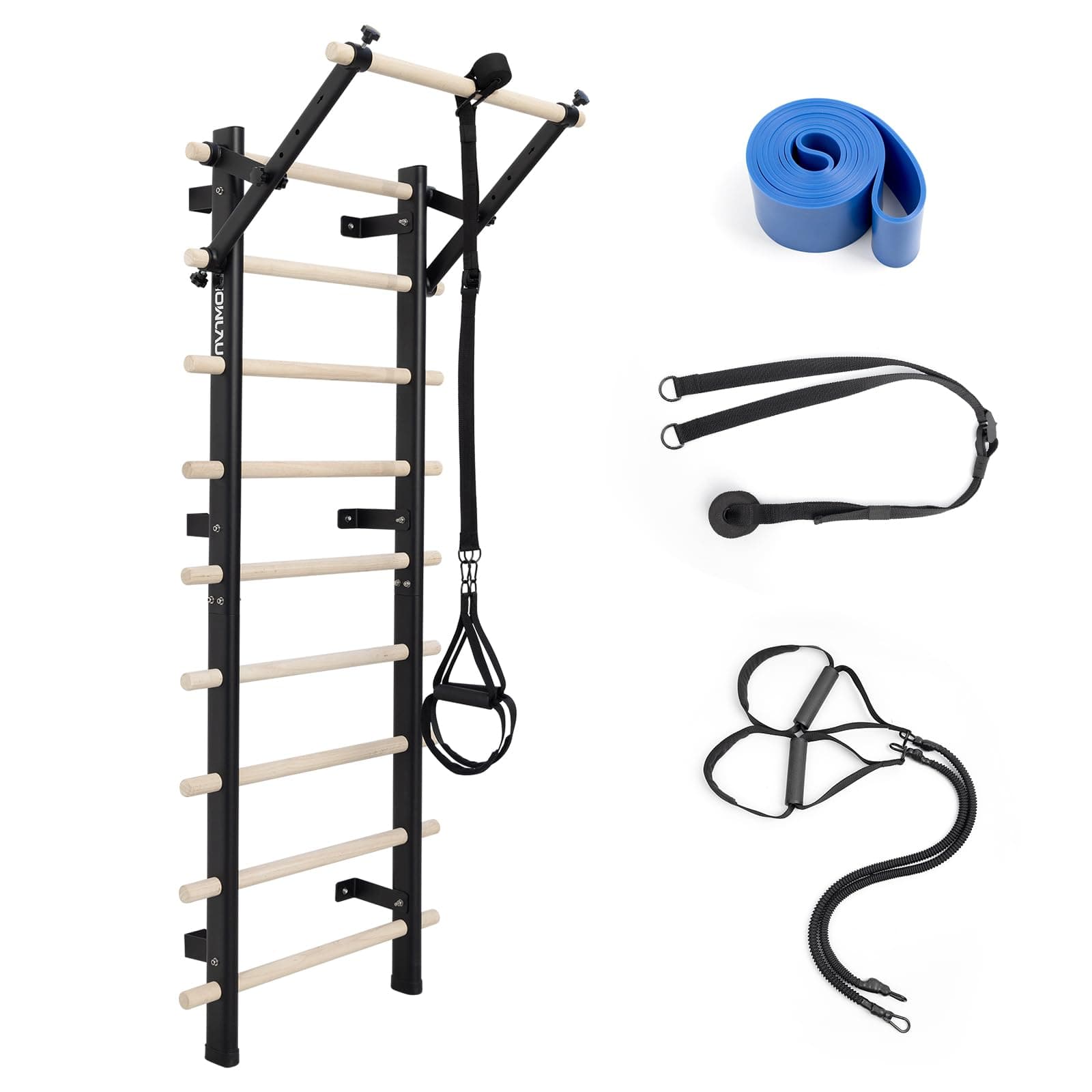 Swedish Ladder, Wood Stall Bar with Suspension Trainer Straps, Pull-Up Dip Bar Attachment, Strategic Rods, for Home, School, hysical Therapy and Gymnastics