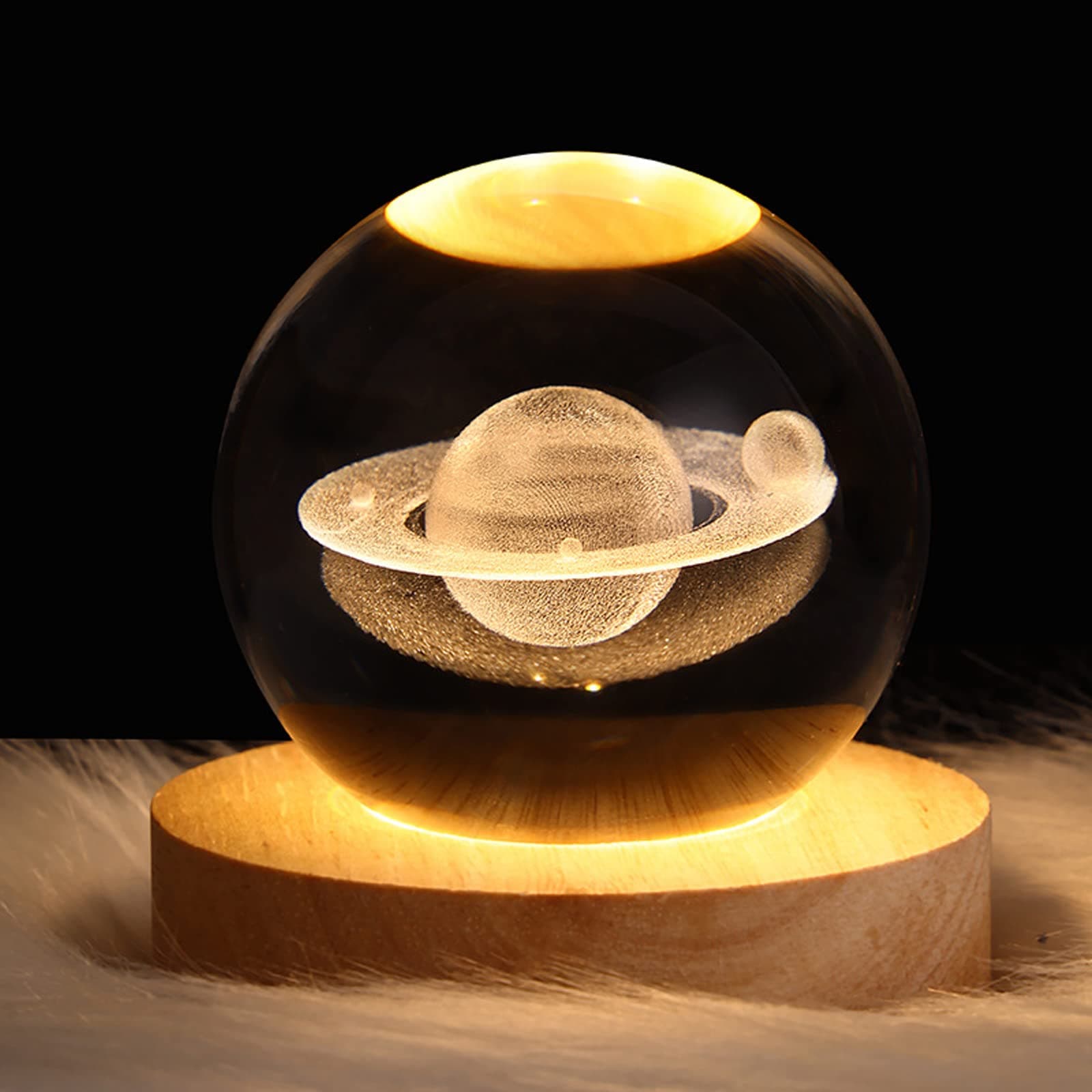 HFEHSKJ 3D Galaxy Crystal Ball Night Light, LED Solar System Lamp With Wooden Base, Moon Planet Light for Boys Girls Family Friend (Saturn)