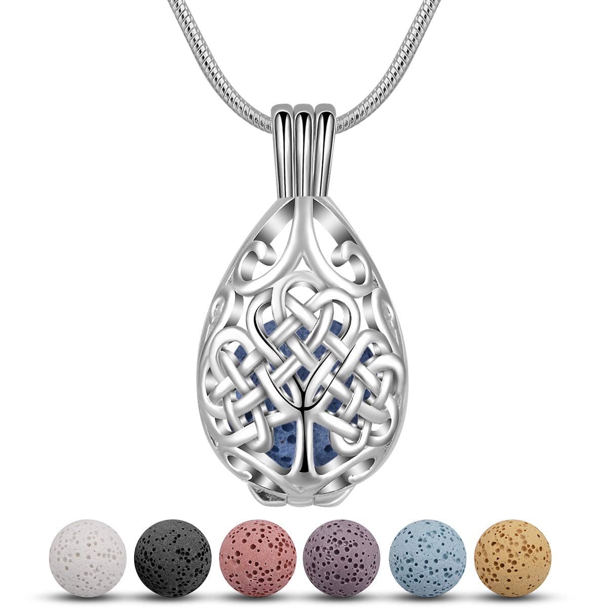 CELESTIA Aromatherapy Essential Oils Diffuser Necklace Tree of Life Pendant with 7 Lava Beads, Anxiety Relaxing Gifts for Women Her Mum