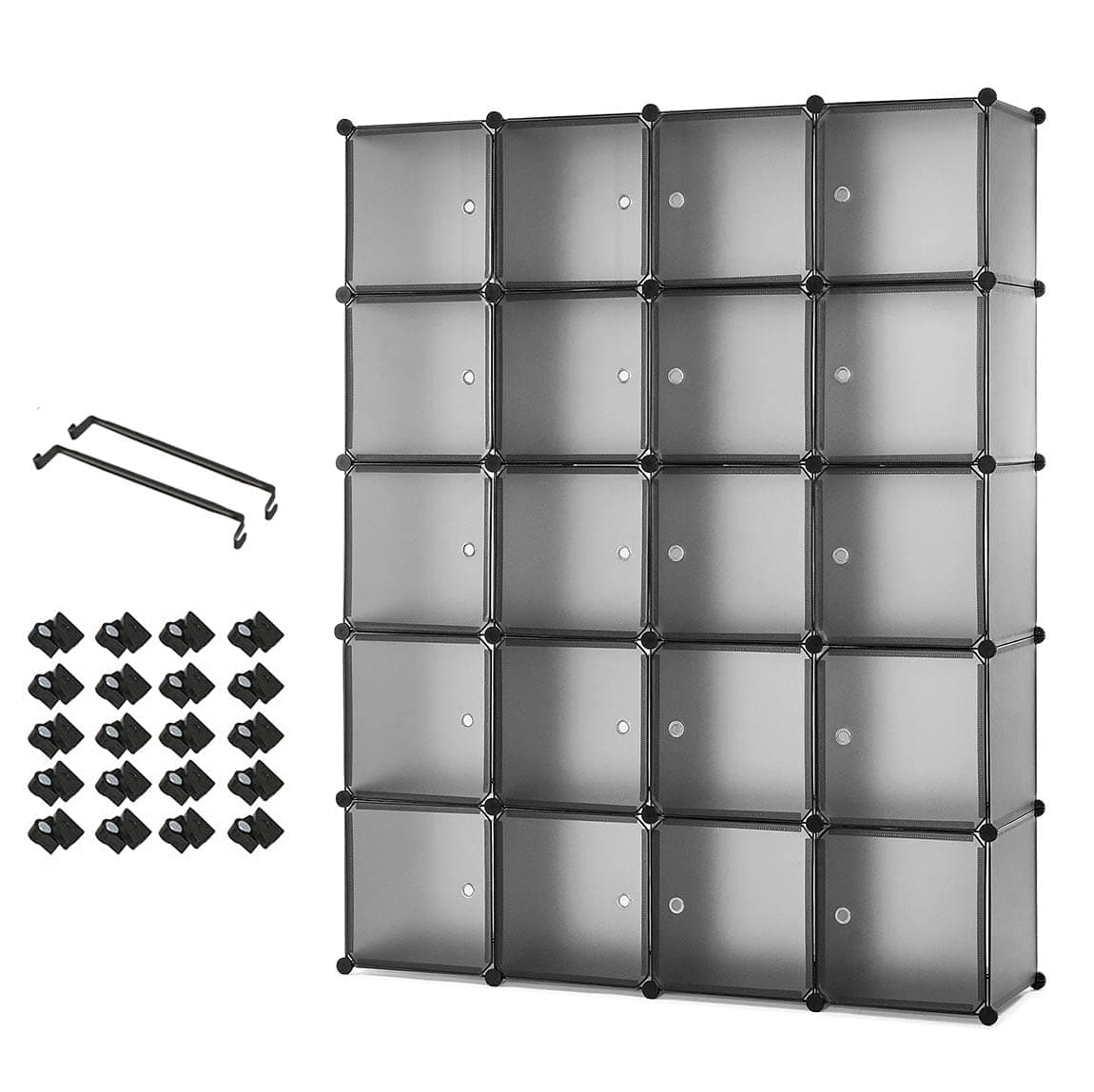 Mondeer Plastic Wardrobe, Portable Closet Cabinet, Interlocking Modular Storage Cubes for Clothes, 145 x 37 x 180 cm, Translucent Grey, 20 Cubes