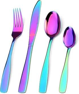 Cutlery Set, 16-Piece Tableware Set Stainless Steel Flatware Silverware Set with Mirror Rainbow Knife and Fork Set, Service for 4, Dishwasher Safe, Easy Clean & Hold