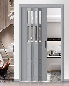 Concertina Door PVC & Acrylic Internal Foldable Gate - Custom Size, Accordion Door for Cupboard/Kitchen, Hallway Pantry Doorway Sliding Door with Handle(Gray,38x80in(96x203cm))