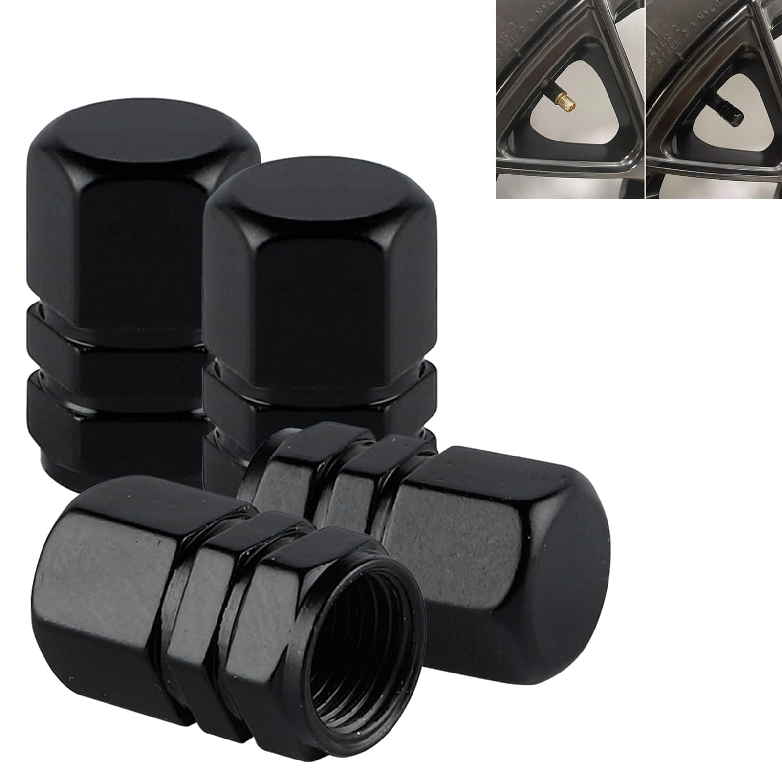 KASTWAVE Tire Valve Caps (12 Pack), Heavy-Duty Stem Covers, Dust Proof Hexagon Design, All-Weather Leak-Proof Air Protection, Universal Aluminum Alloy (Black)