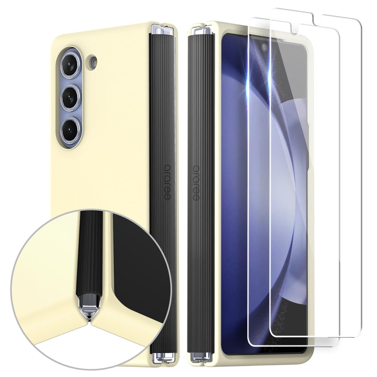 araree Aero Flex for Samsung Galaxy Z Fold 5 Case with Hinge Protection, Protective Slim Body (PC) with Hinge Protector (TPU), for Z Fold 5 5G (Cream + [2 Pack] Tempered Glass 9H Hardness)