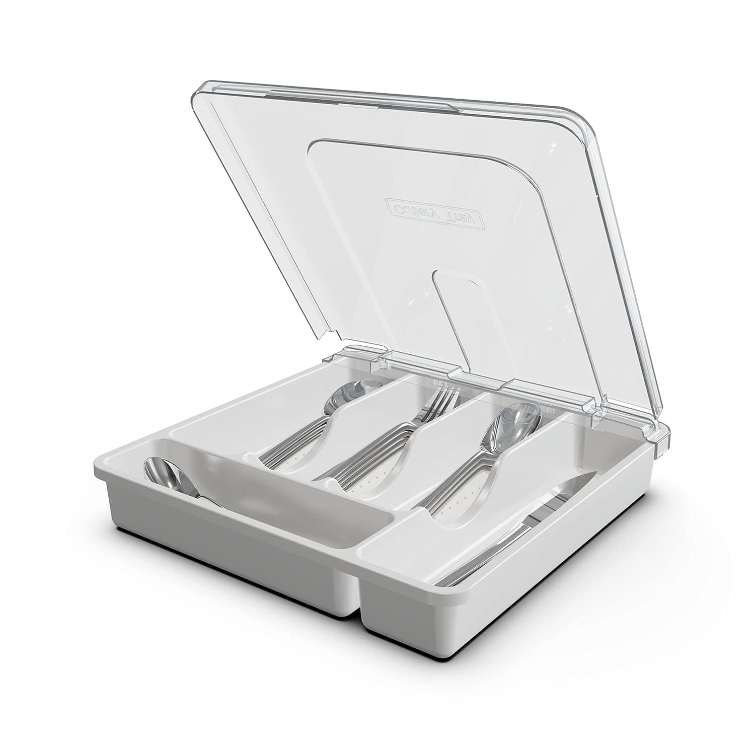Silverware Tray with Lid, Utensil Drawer Organizer for Kitchen Countertop Plastic Flatware Organizers and Storage holder 5 Compartments(White)