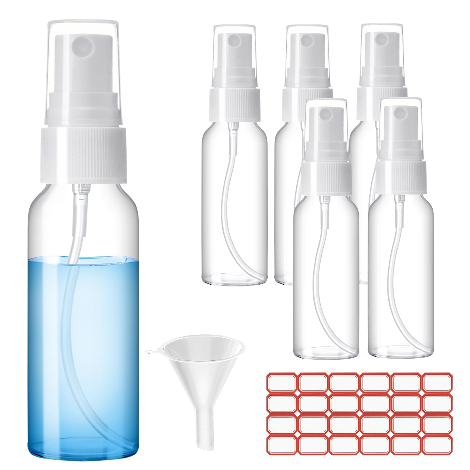 Spray Bottles, 2oz/50ml Clear Empty Fine Mist Plastic Mini Travel Bottle Set, Small Refillable Liquid Containers with 2pcs Funnels and 24pcs Labels (6 Pack)