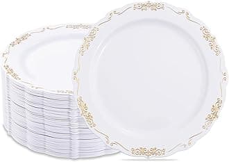 I00000 60pcs Gold Dessert Plates - 7.5in Disposable - White with Gold Rim - Premium Hard Plastic Cake & Appetizer Plates for Wedding & Party