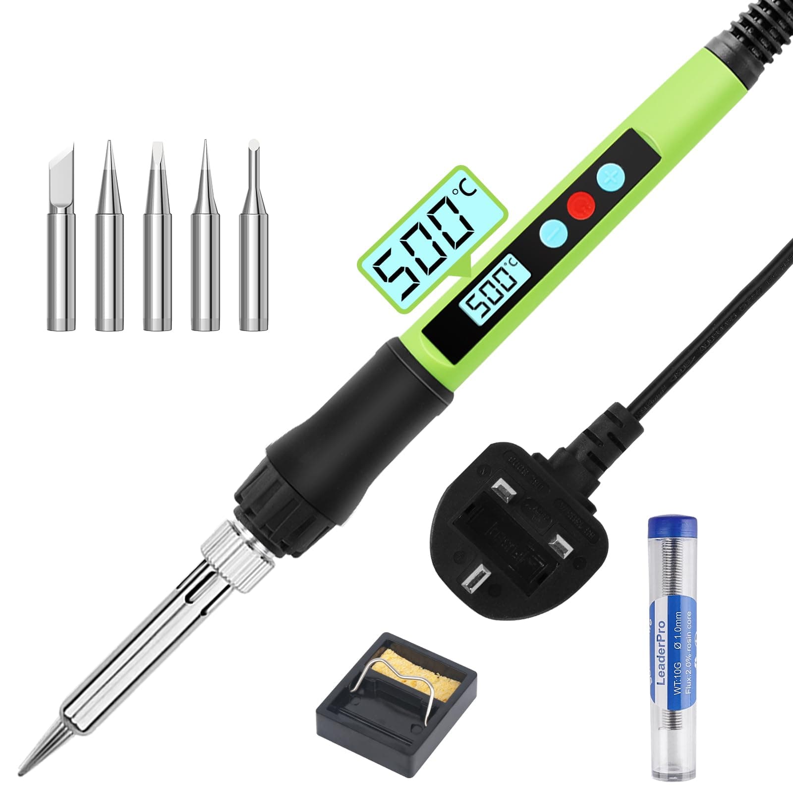 LeaderPro Flexible LED 100W Soldering Irons, Adjustable 180-500°C Temp Set with ON/OFF Switch, 10g Solder,5 Tips, Stand,Soldering Kit for Welding, Repairs & DIY