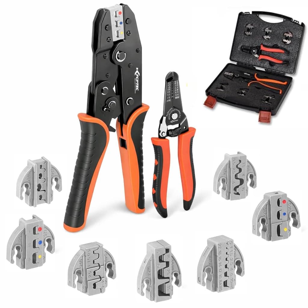 KF CPTEC Ratcheting Wire Crimper Set, 9-Piece with Quick-Change Dies, AWG 22-2 (0.5-35mm²), for Heat Shrink, Open Barrel, Insulated & Non-Insulated Terminals, Ferrules and Solar Connectors
