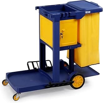 Multifunctional Janitorial Cart with Key-Locking Cabinet,Cleaning Carts on Wheels,with 15 Gallon Collection Bag,500 lbs Capacity, Yellow&Blue