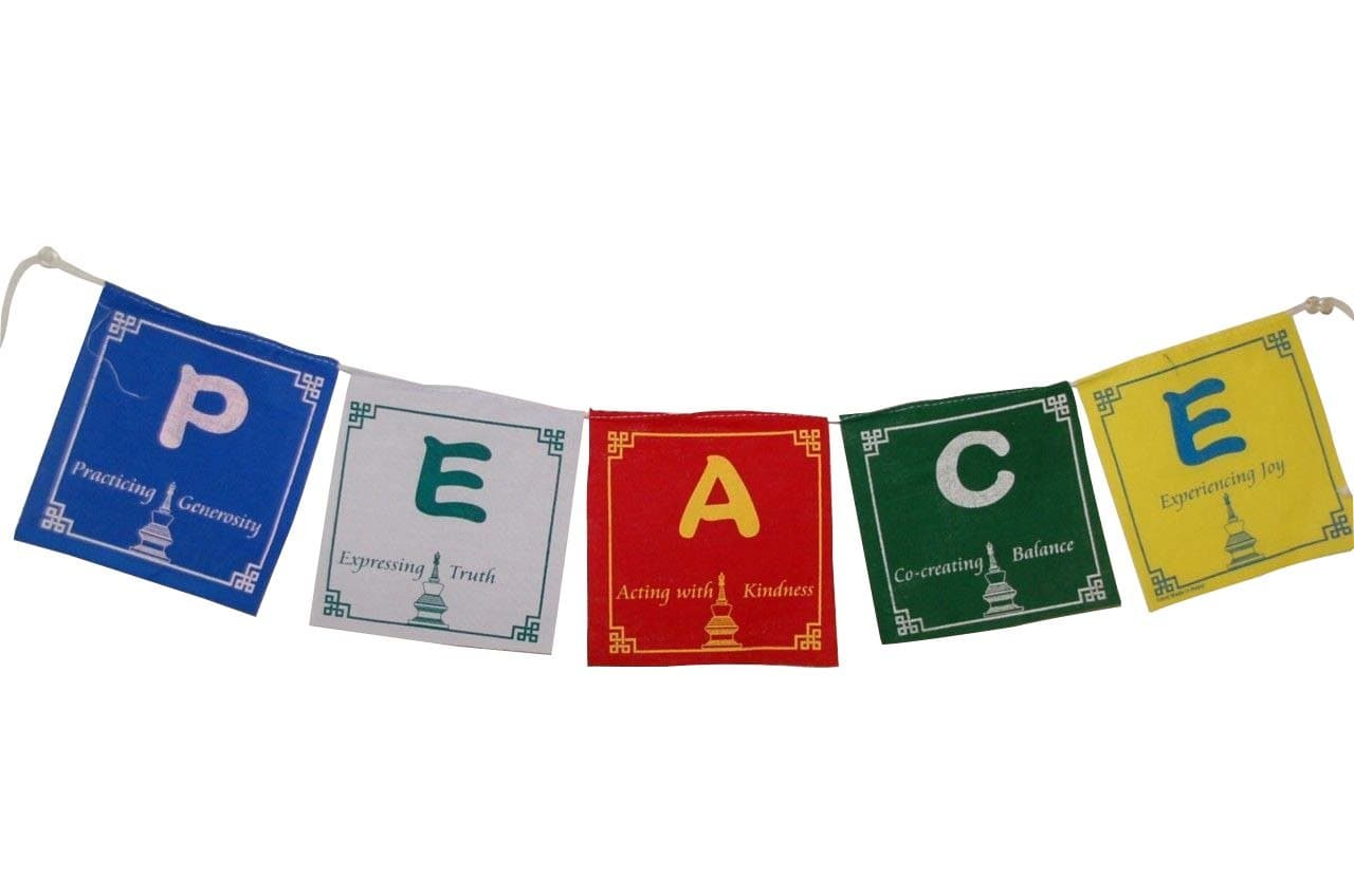 Peace Prayer Flags in English 5 Flags Set 5x5 Inches. Five Tibetan Traditional Colors which are Yellow, Green, red, White and Blue. Each Color Represents an Element.
