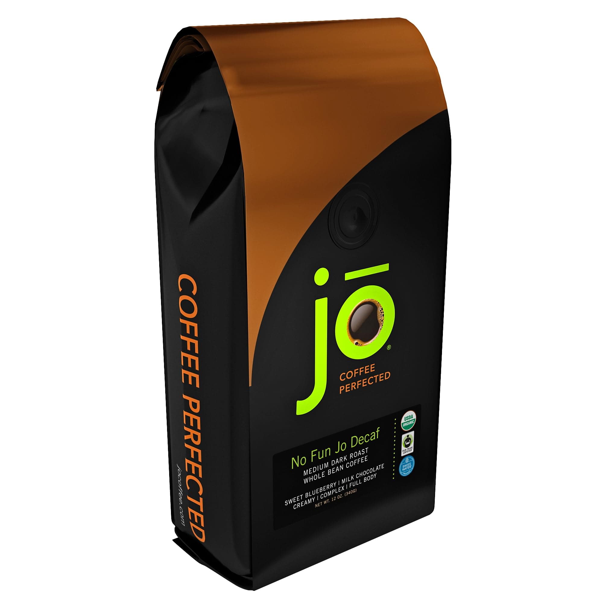 NO FUN JO DECAF: 12 oz, Organic Decaf Coffee, Swiss Water Process, Fair Trade Certified, Medium Dark Roast, Whole Bean Arabica Coffee, USDA Certified Organic, NON-GMO