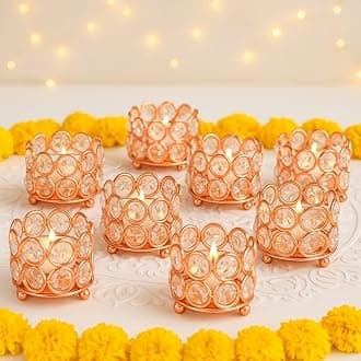 - Iron Art Ware Crystal Tealight Candle Holder Votives Bowl for Home Decor, Christams Diya Diwali Decor Lights Centerpieces for Wedding Home Party Table Decor (Rose Gold (Pack of 10))