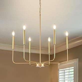 Modern Gold Chandelier for Dining Room,Metal 6-Light Kitchen Light Fixtures,Farmhouse Candle Hanging Pendant Light for Living Room Entryway Foyer Bedroom (Bulb Not Included)