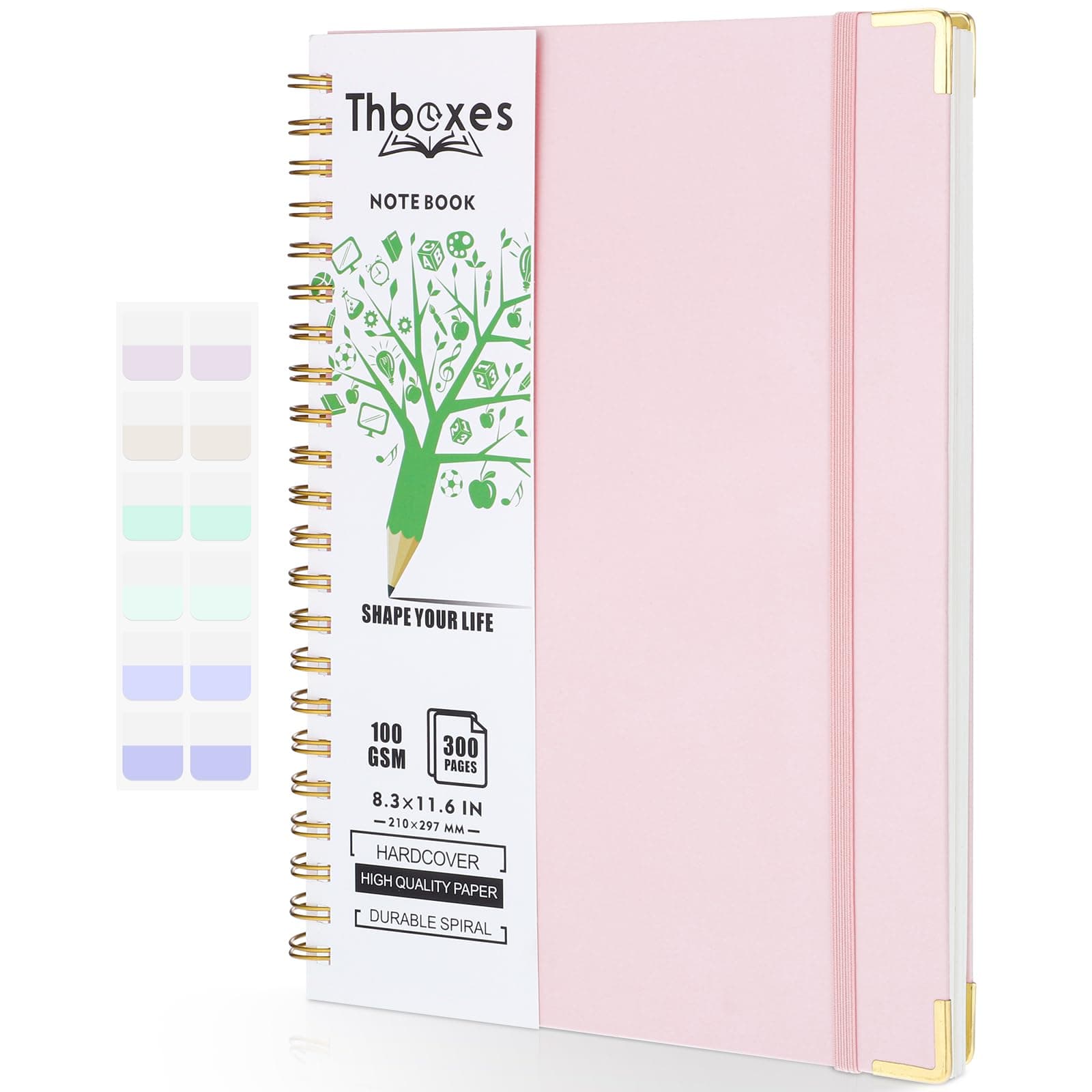 A4 Spiral Notebook, 300 Pages/150 Sheets Wirebound Spiral Notepad 100gsm Thick Paper Journal Notebook with Index sticker，Pocket，Elastic Band Notebook for Business Office School Travel 29.7x21cm Pink