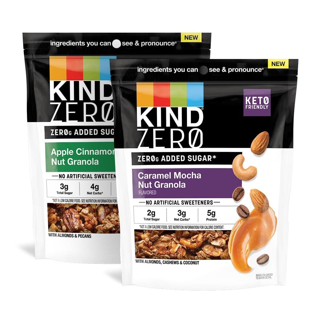 Zero Added Sugar Granola Variety Pack, Gluten Free, Low Sugar, Keto Snacks, Apple Cinnamon Nut, Caramel Mocha Nut, 5g Protein, 8oz, 2 Count