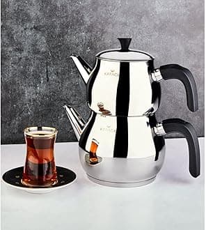 Karaca Kayra Teapot Set, Stainless Steel, Tea Pot 33 oz, Kettle 59 oz, Black Silver, Suitable for Induction, Tea Maker, Kettle, Turkish Tea Kettle