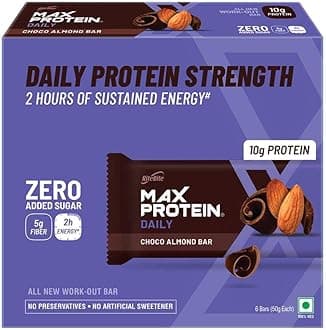 - RiteBite Max Protein Daily Choco Almond Protein Bars with 10g Protein, 5g Fiber & 21 Vit. & Minerals | 0 Added Sugar, No Cholesterol & Trans Fat For Upto 2h of Energy, Healthy Snack, 50g (Pack of 6)