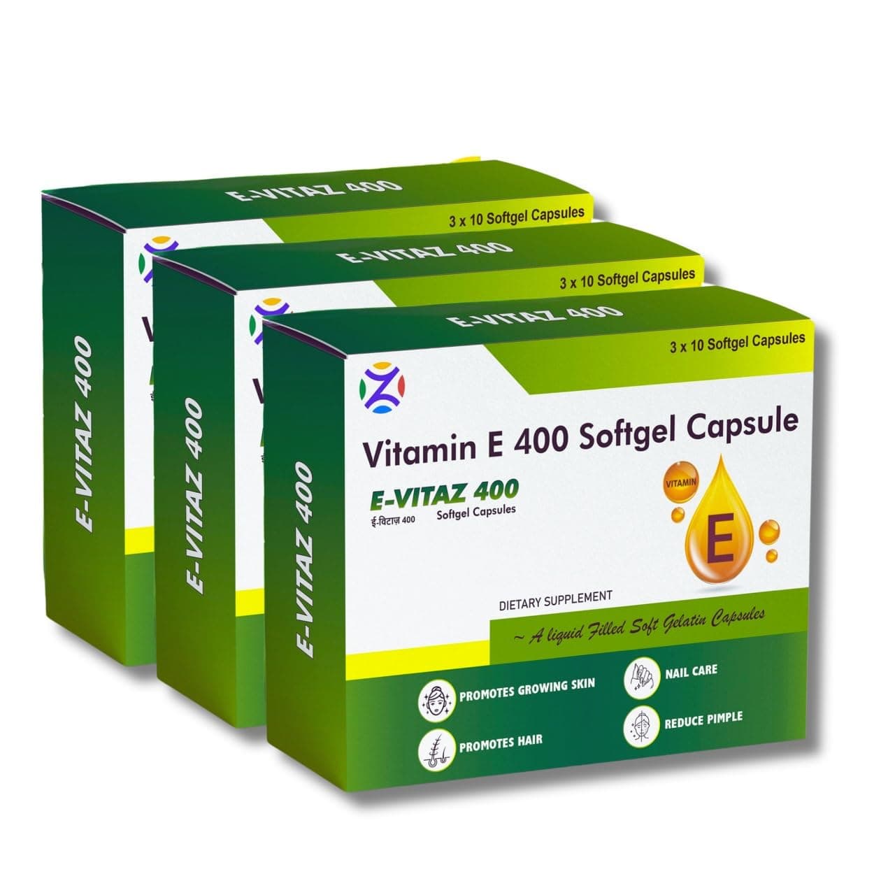 Vitamin E 400mg Softgel Capsules | E-Vitaz 400 -For Hair, Skin and Nail Care | Pack Of 9 (90 Capsule)