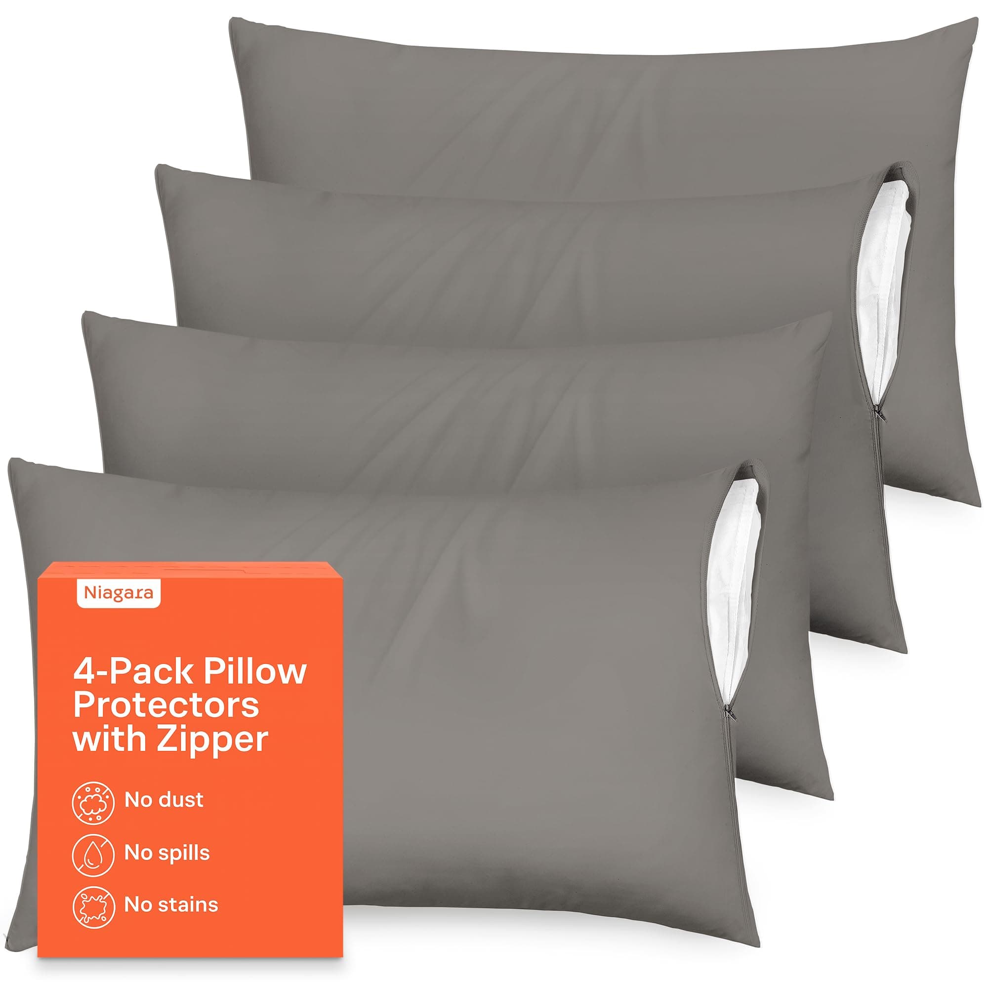 Ultra Soft Pillow Protectors with Zipper Standard Size - Set of 4 Breathable Pillow Covers - 100% Protection Against Stains, Dust & Dirt - Machine Washable (Gray)