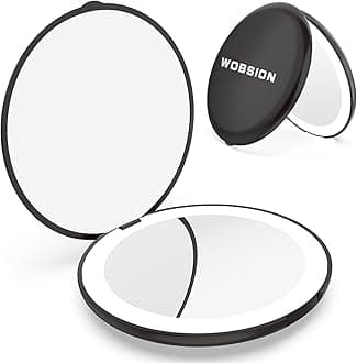 wobsion Travel Compact Mirror,Portable 1x/10x LED Makeup Mirror with Magnification,Handheld 2-Sided Pocket Mirror, 3.5in Small Mirror for Purse,Handbag,Gift,Black