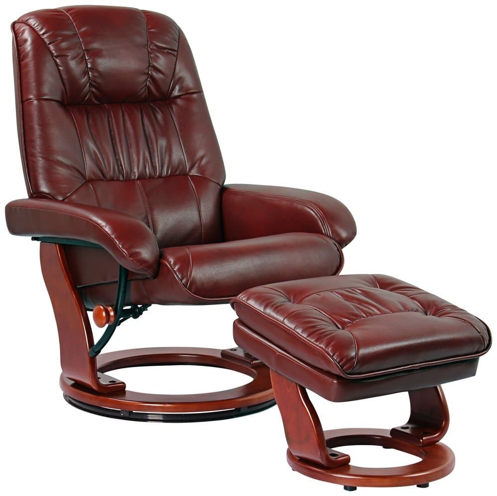 Benchmaster Kyle Ruby Red Swivel Faux Leather with Ottoman Recliner Chair Modern Armchair Ergonomic Push Manual Reclining Footrest Upholstered for Bedroom Living Room Reading Home Relax Office