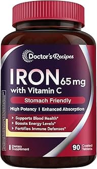 Doctor's Recipes Iron Supplement 65 mg with Vitamin C - Maximized Absorption & Stomach Friendly Iron Pills for Red Blood Cells Formation, Heart, Brain & Immunity Health - Vegan Non-GMO 90 Iron Tablets