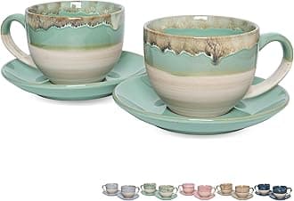 Bosmarlin Ceramic Cappuccino Cup and Saucer Set of 2, 10 Oz, Coffee Cups for Latte, Espresso, Tea, Dishwasher and Microwave Safe, Reavtive Glaze (Green)