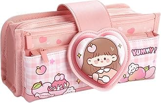 Alokik Enterprise Canvas Kawaii 3 Compartment Cute Aesthetic Pencil Case for Girls Large Capacity Pen Pencil Pouch Multifunctional Stationery Organizer for School Office (Heart Shape-Light Pink)