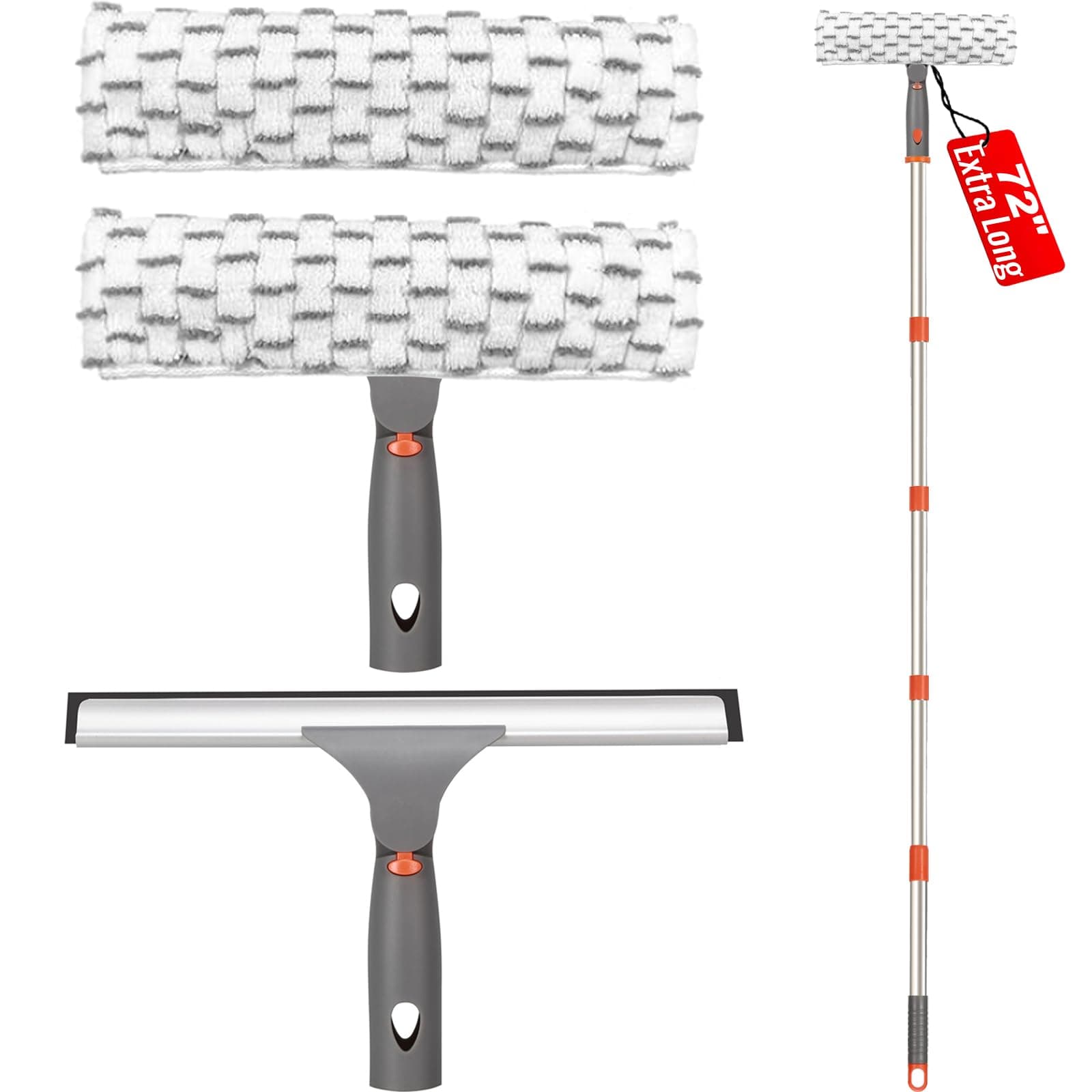 Extra Long Handle Window Squeegee - 12" Squeegee & Microfiber Scrubber, 2 Reusable Pads, 72 Inch Extension Pole,Streak-Free for Indoor Outdoor Home Glass Patio Door High Place Spring Cleaning Tool