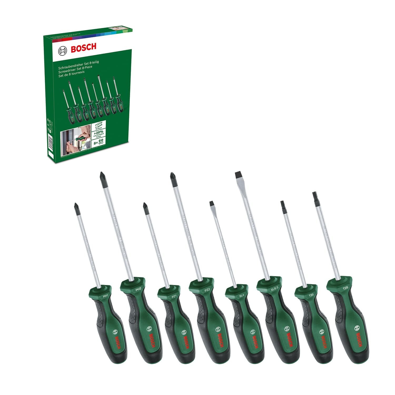 Bosch Screwdriver Set 8-Piece (8X High-Performance Screwdrivers for DIY; S2 Steel; Softgrip; Magnetic Tip)