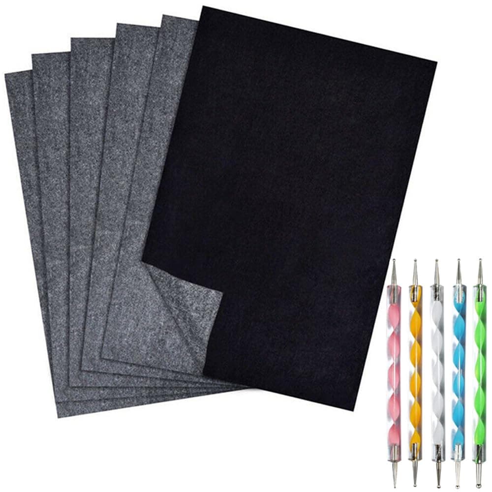 JZS Carbon Transfer Copy Paper with Embossing Stylus Tool for Tracing, 100 Sheets Graphite Transfer Tracing Paper with 5 Pcs Embossing Dot Tools for Tracing on Wood, Paper, Canvas,Black