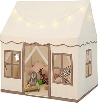COSTWAY Kids Play Tent, Indoor Large Playhouse with Star Lights, Non-slip Mat and Windows, Castle Fairy Tents for Children Boys & Girls Gift (Beige+Coffee)
