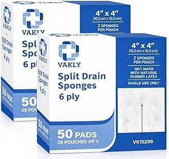 Vakly Split Gauze Drain Sponges 4" x 4" Sterile 6-Ply (100 Pack) – Pre-Cut Non-Woven Absorbent Gauze Pads for Wound Care, IV Lines & First Aid