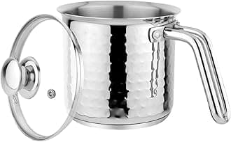 Prabha Stainless Steel Milk Pot With Handle 17cm 2.5 Litre | Hammered Milk Boiler Glass Lid Steam Vent | Tea Container Water Boiling | Coffee/Milk Warmer, Even & Faster Heating | Induction & Gas Stove