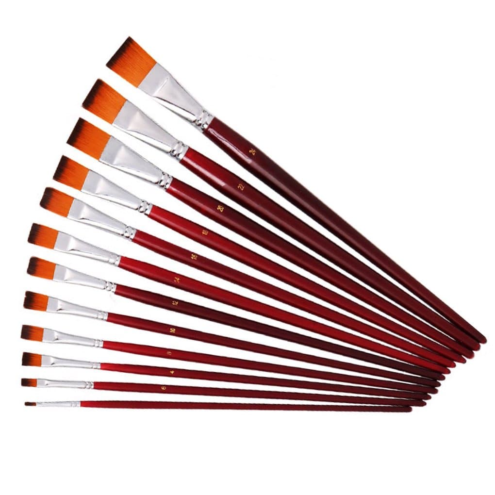 12 Pcs Flat Paint Brushes Set with Synthetic Hair, Long Handle, Large Brush Kit for Acrylic Oil Watercolor Fine Art Painting